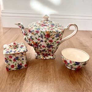 Royal Winton "Old Cottage" Teapot & Sugar Bowl, Bowl, Grimwades Ltd. England Vtg